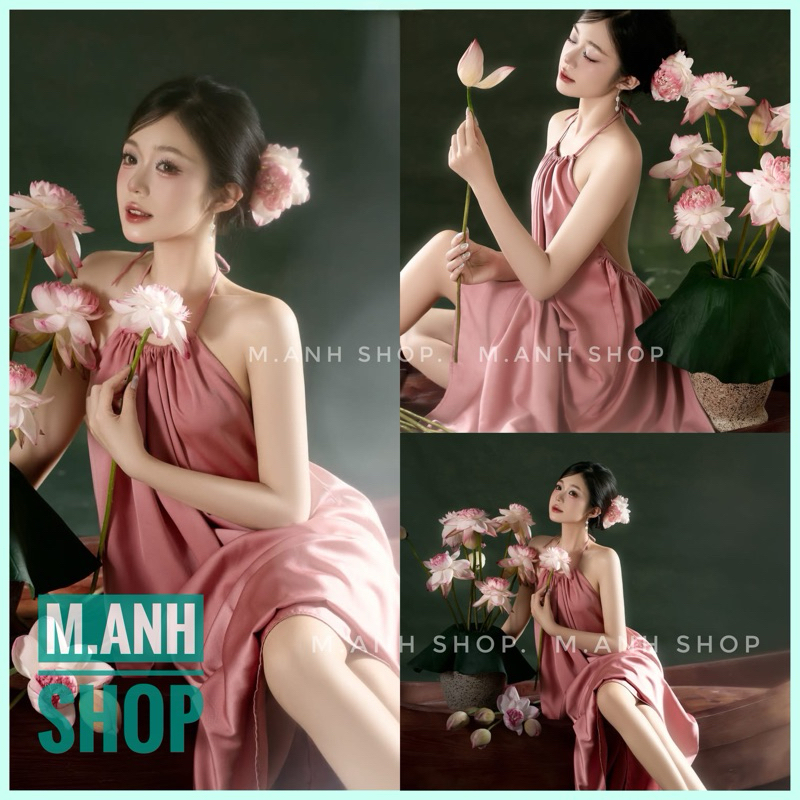 Sét Yếm Hồng Chất Liệu Lụa Chụp Ảnh Sen Concept Studio Xinh Đẹp