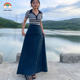 Váy chống nắng jean, váy chống nắng xẻ tà jean nút bấm cho nữ Min NT