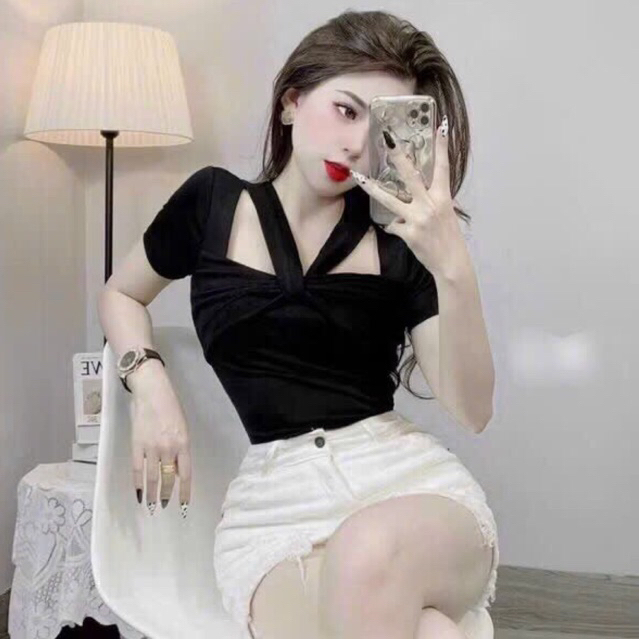 Áo nữ tay ngắn Chất Thun Gân Ôm dáng kiểu cổ Vuông phối dây yếm A97 | BigBuy360 - bigbuy360.vn
