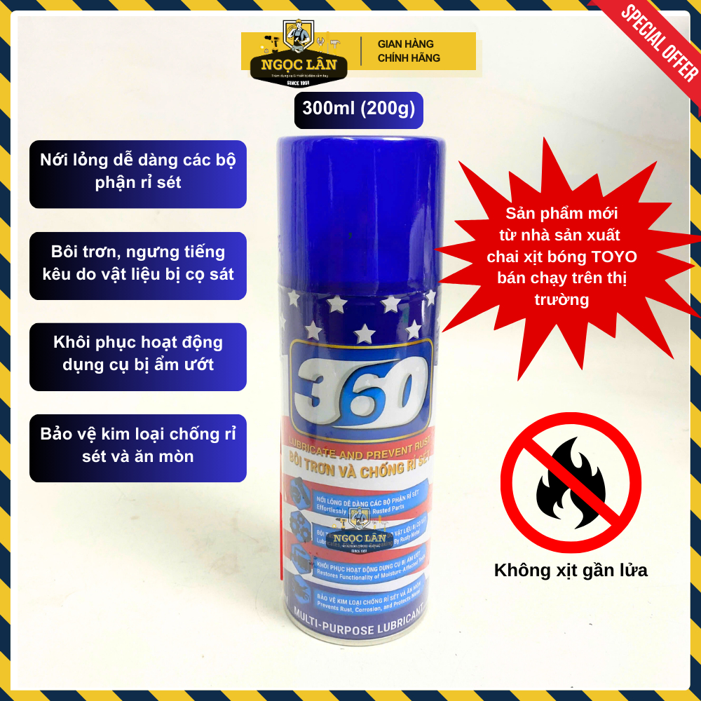 Chai xịt bôi trơn & chống rỉ sét đa năng 360 cao cấp 300ml (từ nhà sản xuất chai xịt bóng TOYO)