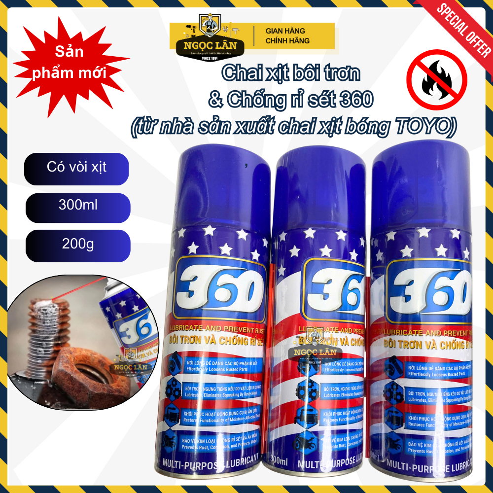 Chai xịt bôi trơn & chống rỉ sét đa năng 360 cao cấp 300ml (từ nhà sản xuất chai xịt bóng TOYO)
