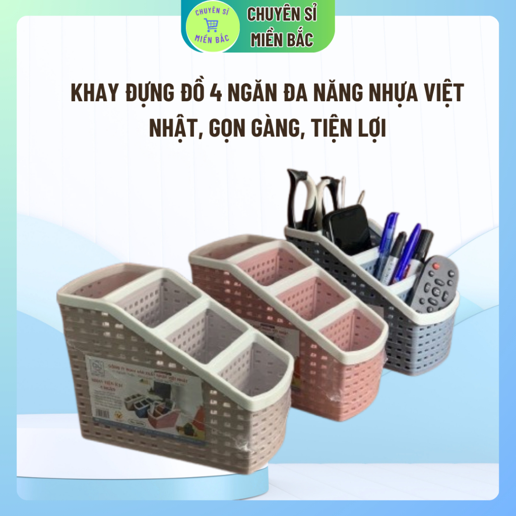 Khay đựng đồ 4 ngăn đa năng nhựa Việt Nhật cao cấp - Khay nhựa cắm bút, Remote, đồ dùng học tập, văn phòng 4 ngăn