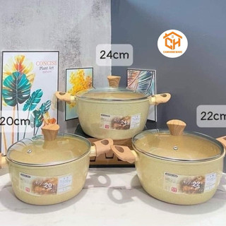 Nồi EMOOJOO vân đá Trắng hai quai chống dính 20cm, 22cm,24cm [DÙNG CHO MỌI LOẠI BẾP] Cam Homeware