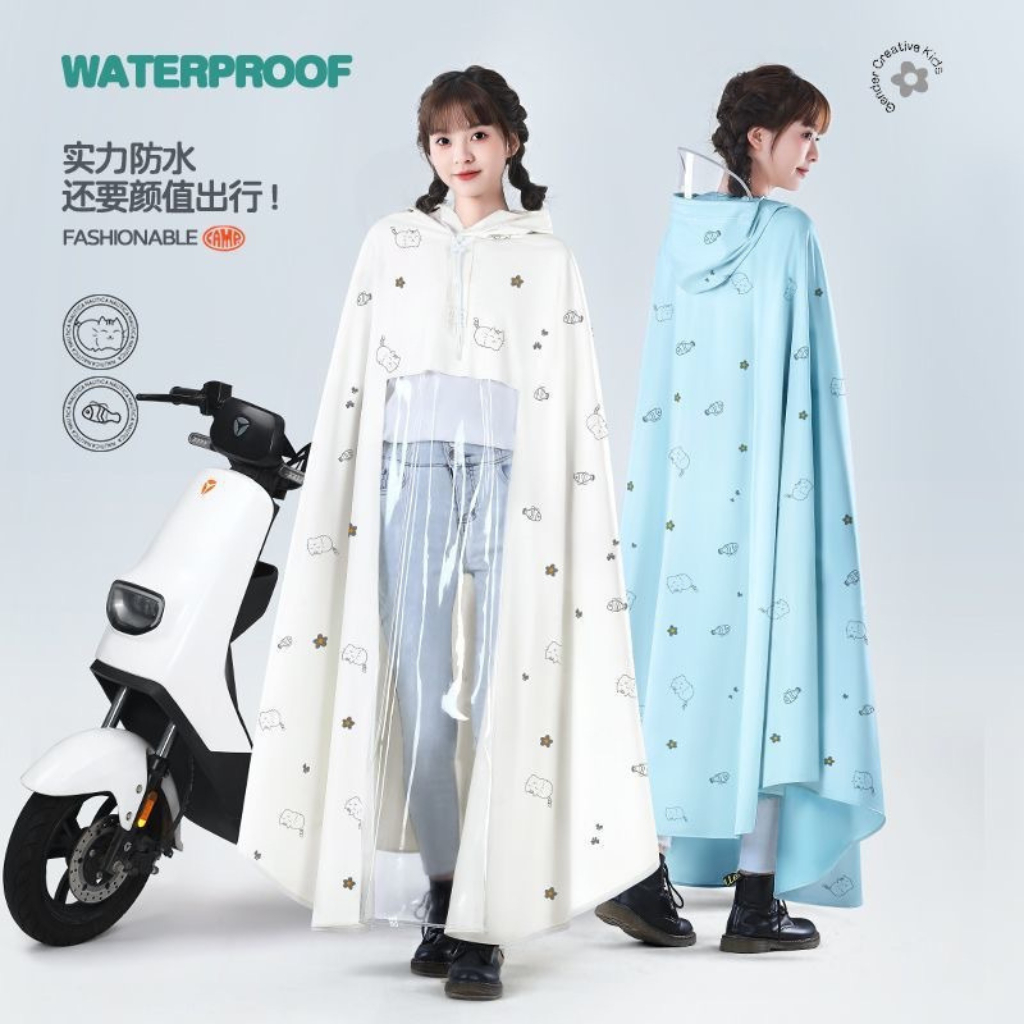 Áo Mưa Choàng Hoạ Tiết Mèo Múp, Áo Mưa Chùm Đi Xe Máy Có Tai Che Gương 2 Bên