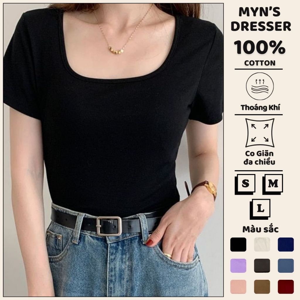 Áo thun nữ Myn cổ vuông tay ngắn dáng trơn form vừa ôm body vải cotton CAO CẤP trắng đen đỏ xanh MD24.02