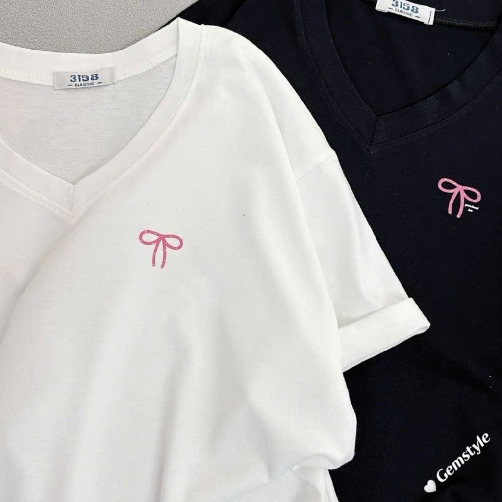 Áo Phông CỔ TIM NƠ HỒNG STYLE from rộng tay lỡ chất vải cotton