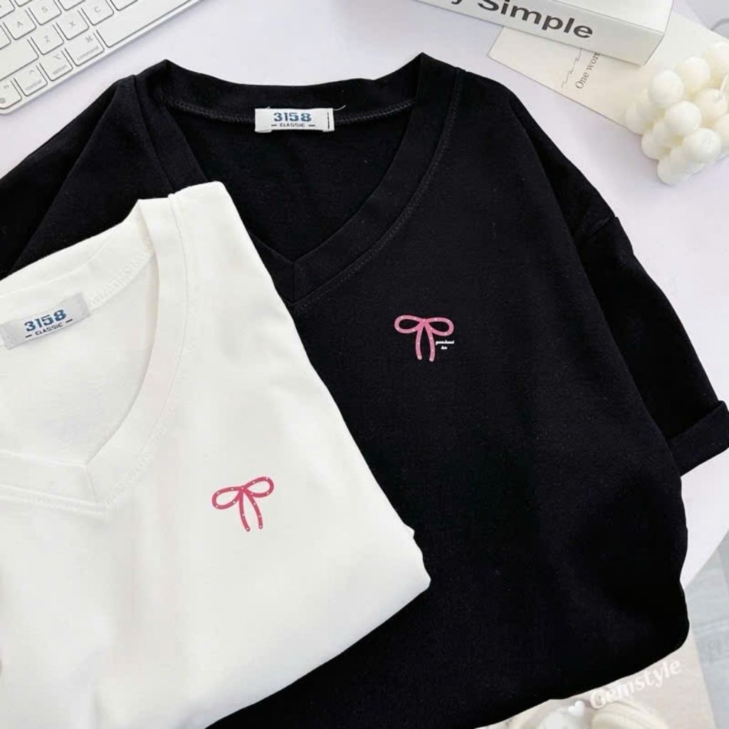 Áo Phông CỔ TIM NƠ HỒNG STYLE from rộng tay lỡ chất vải cotton