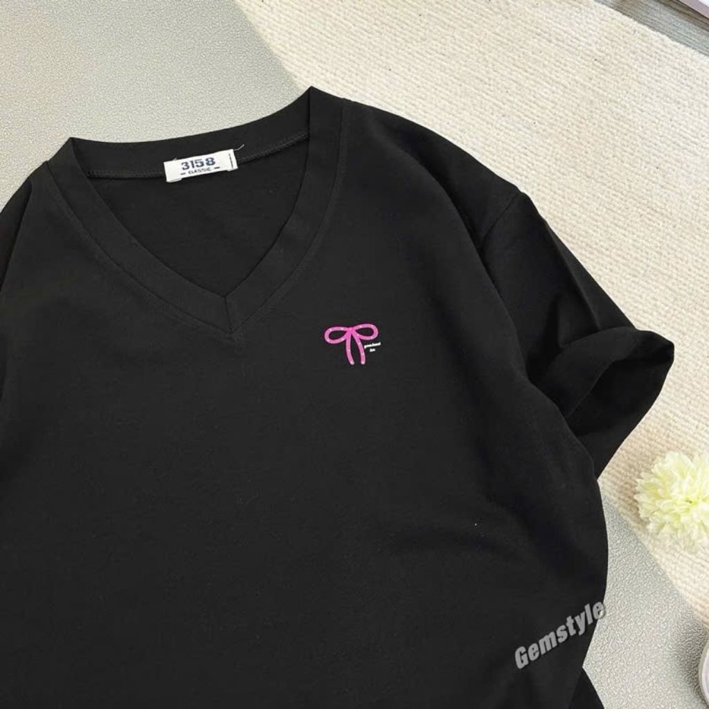 Áo Phông CỔ TIM NƠ HỒNG STYLE from rộng tay lỡ chất vải cotton