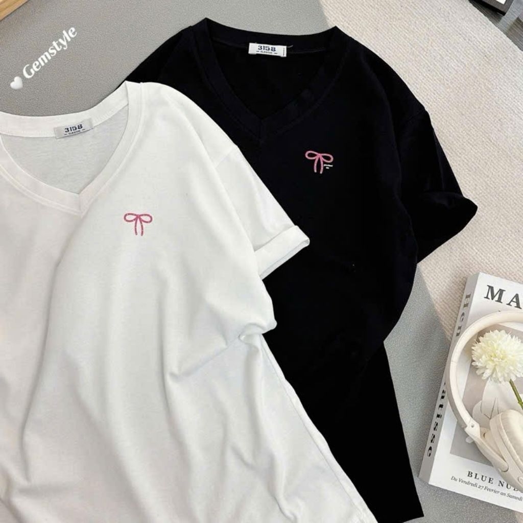 Áo Phông CỔ TIM NƠ HỒNG STYLE from rộng tay lỡ chất vải cotton