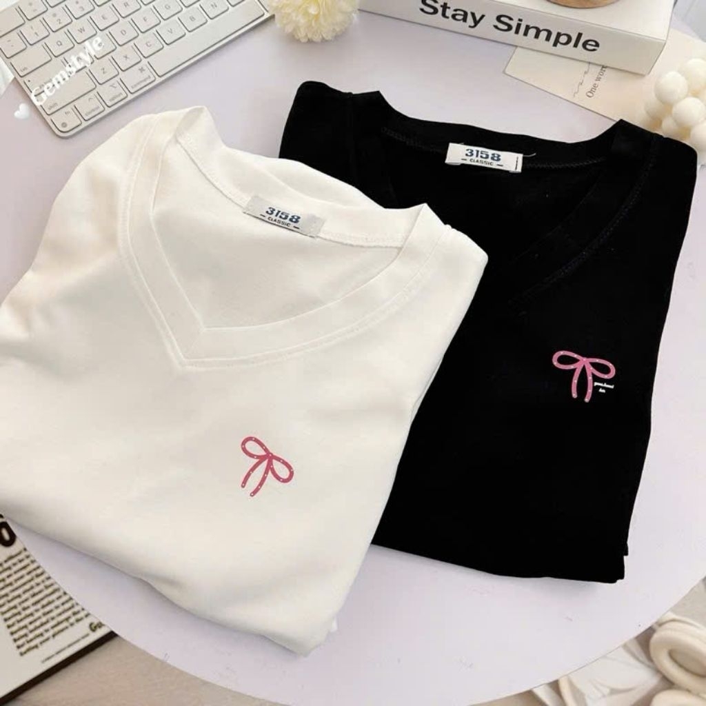 Áo Phông CỔ TIM NƠ HỒNG STYLE from rộng tay lỡ chất vải cotton