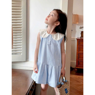 [B&G] Đầm váy sát nách cotton màu xanh mùa hè cho bé gái từ 2-12 tuổi
