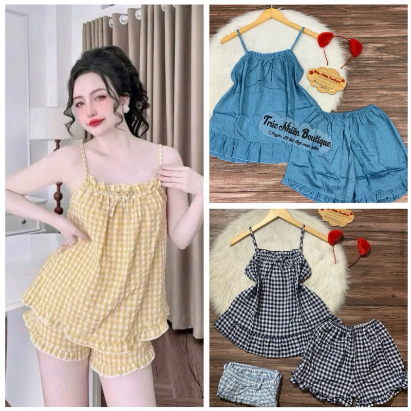 Bộ đồ 2 dây mặc nhà mặc ngủ vải đũi phop dưới 53kg - T42