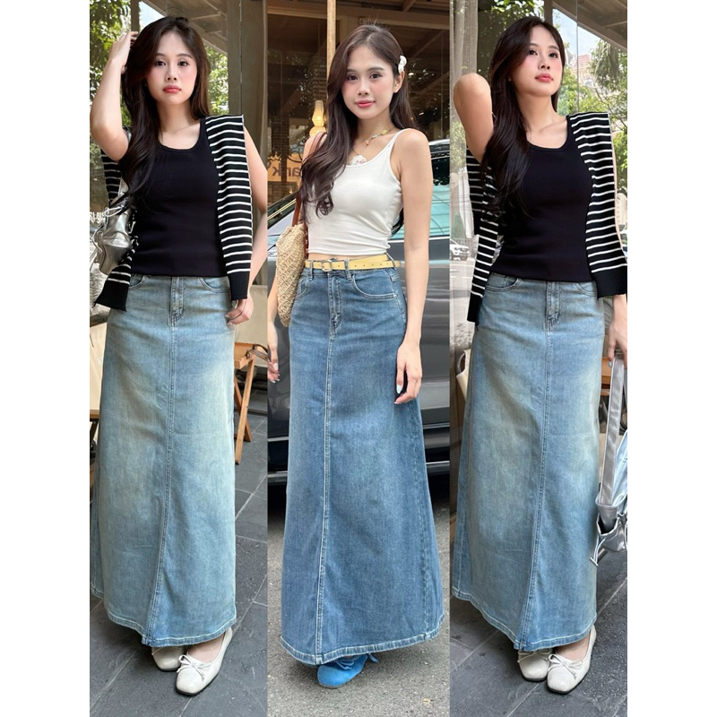 [RÁCH STORE] Chân váy jean dài - 3271 - trơn - xẻ lai sau | Shopee Việt Nam