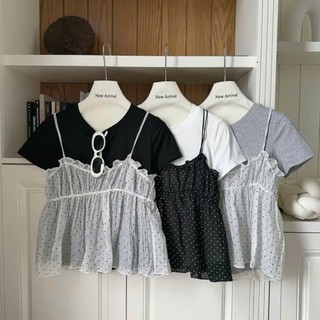 Set Áo Phông Trắng Mix Yếm Bèo Chấm Bi  247store Nữ Tính Dễ Thương