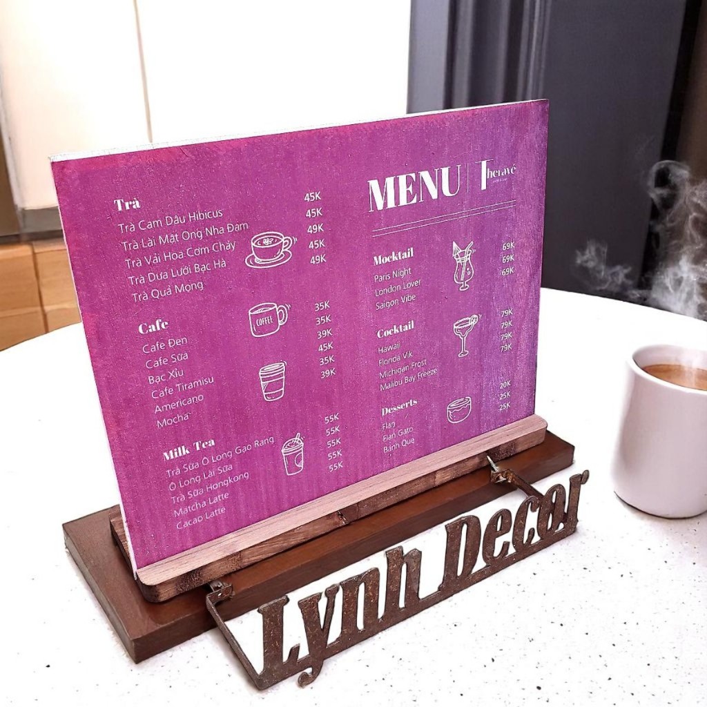 Menu gỗ size A3, khắc laser, in UV phẳng - Lynhdecor miễn phí khắc logo theo yêu cầu