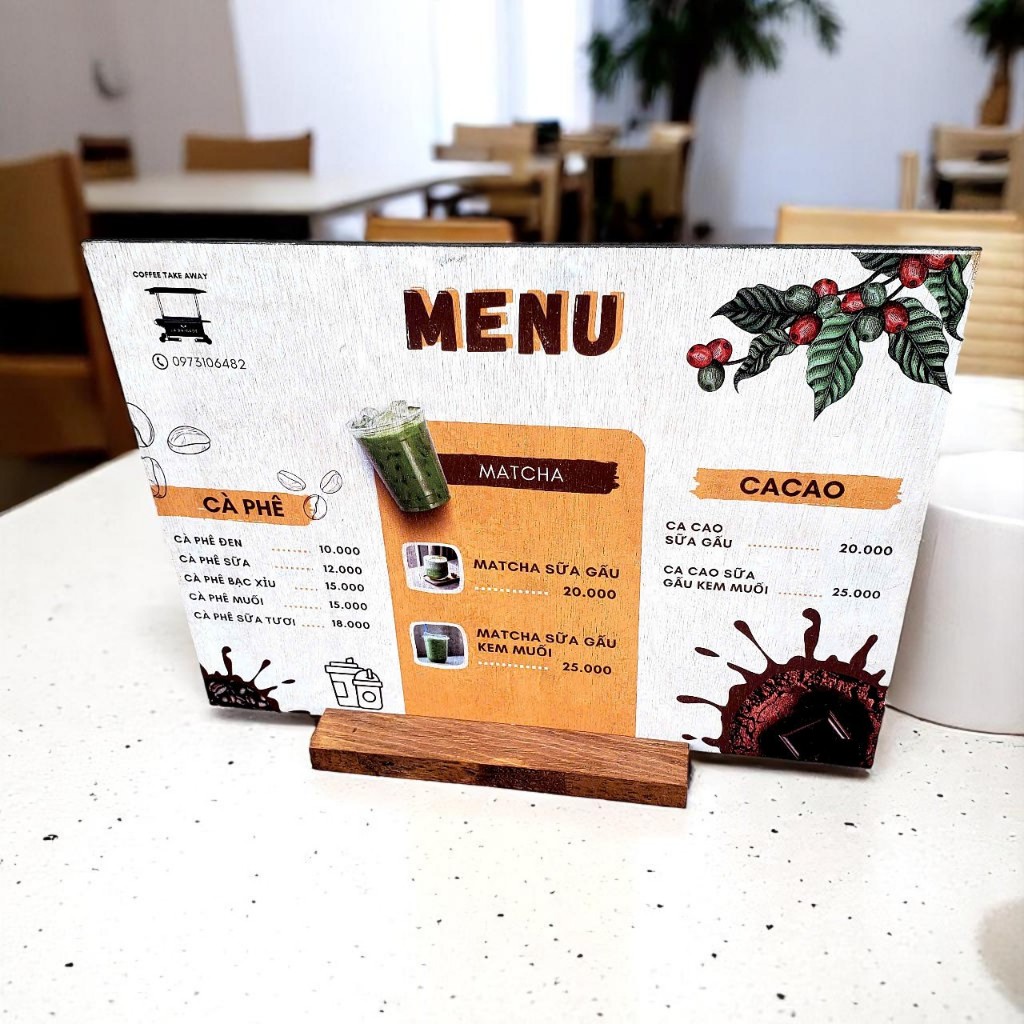 Menu gỗ size A3, khắc laser, in UV phẳng - Lynhdecor miễn phí khắc logo theo yêu cầu