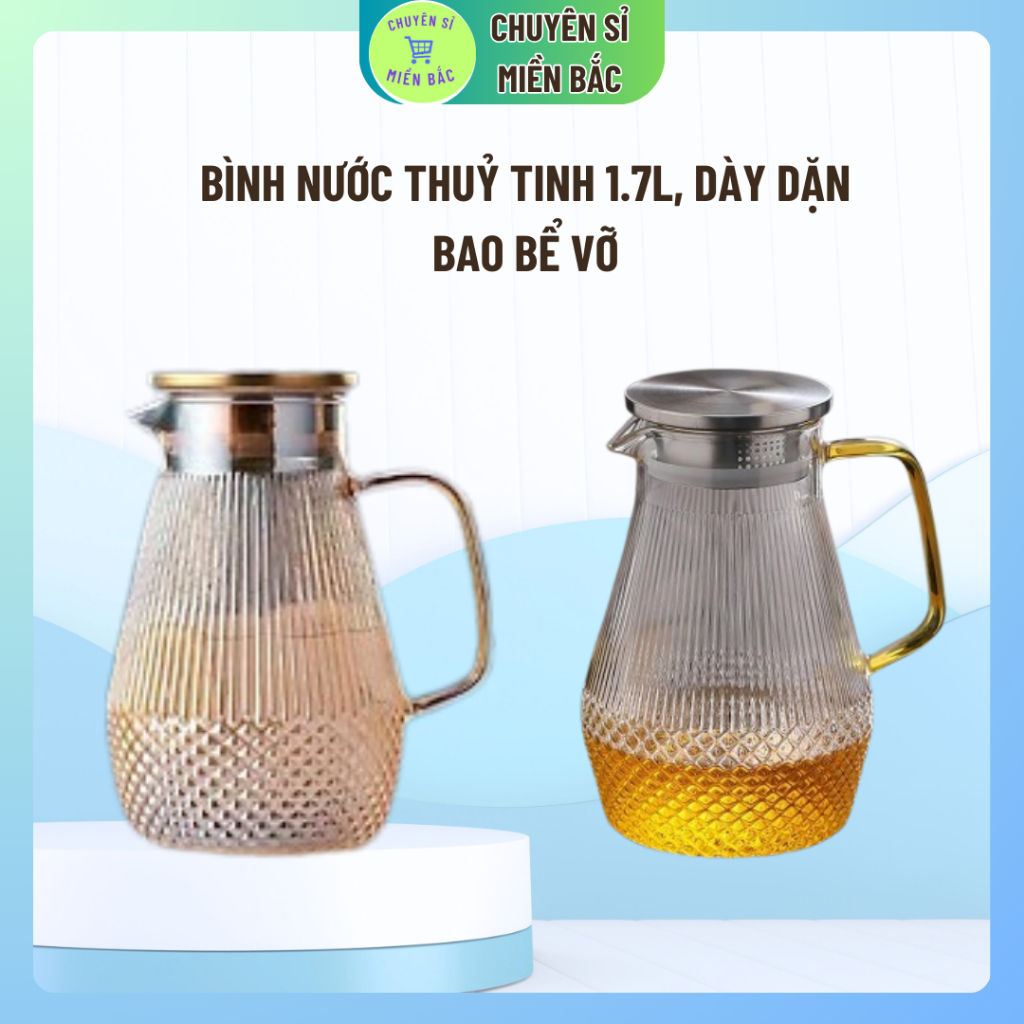 Bình nước thuỷ tinh chịu nhiệt 1.7L mã 112 có màu vàng cả xám dày dặn và nhiều loại mẫu mã đẹp