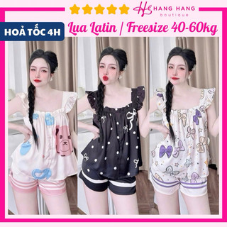 Đồ ngủ nữ 40-60kg, đồ ngủ 2 dây cánh tiên nút nhún ngực quần đùi lụa latin mịn mát 60CS05, đồ bộ nữ đồ mặc nhà dễ thương