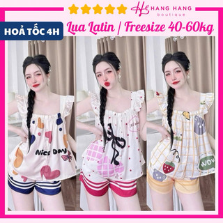 Đồ ngủ nữ 40-60kg, đồ ngủ 2 dây cánh tiên nút nhún ngực quần đùi lụa latin mịn mát 60CS05, đồ bộ nữ đồ mặc nhà dễ thương