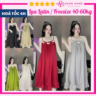 Đầm váy ngủ 2 dây trơn kết nơ màu cute lụa latin mịn mát 60V07, váy đầm đồ ngủ nữ mặc nhà dễ thương sang chảnh