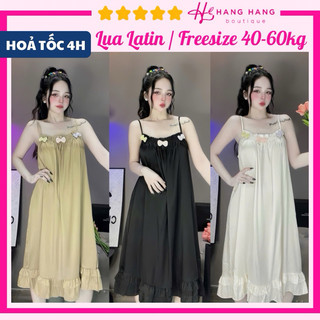 Đầm váy ngủ 2 dây trơn kết nơ màu cute lụa latin mịn mát 60V07, váy đầm đồ ngủ nữ mặc nhà dễ thương sang chảnh
