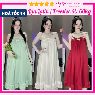 Đầm váy ngủ 2 dây trơn kết nơ màu cute lụa latin mịn mát 60V07, váy đầm đồ ngủ nữ mặc nhà dễ thương sang chảnh