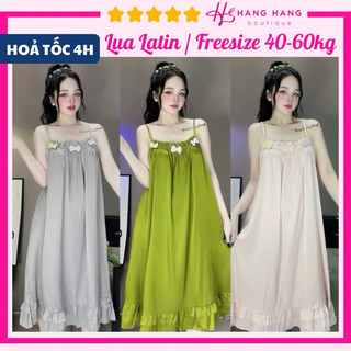 Đầm váy ngủ 2 dây trơn kết nơ màu cute lụa latin mịn mát 60V07, váy đầm đồ ngủ nữ mặc nhà dễ thương sang chảnh