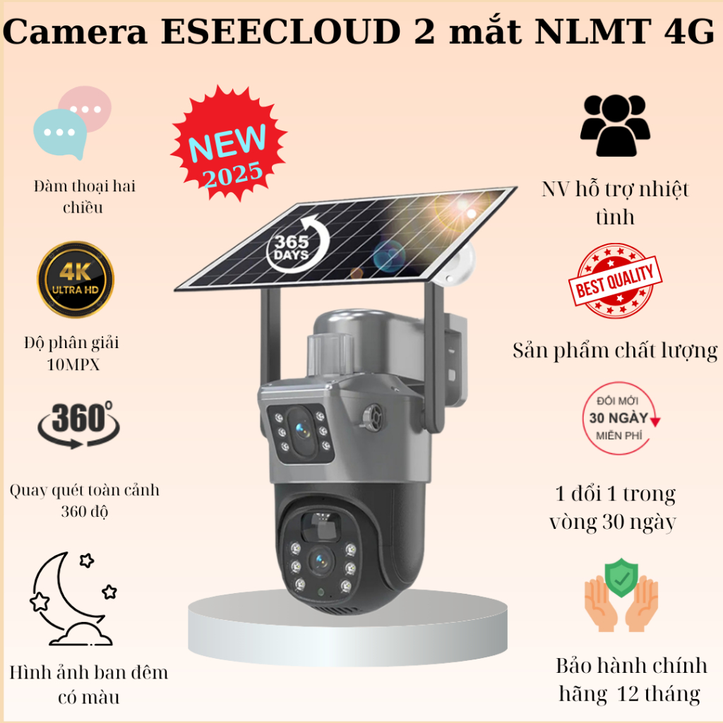 (Lỗi 1 đổi 1) Camera ESEE MODEL 2026 ngoài trời dùng sim 4G năng lượng mặt trời, 2 ống kính - Hàng chính hãng