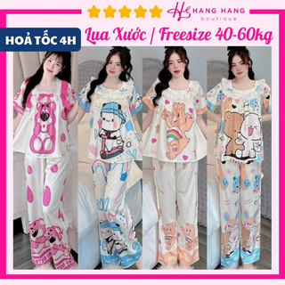 Đồ ngủ nữ 40-60kg, pijama dài cộc tay voan cổ vuông ren lụa xước mềm mát 60CD18, đồ bộ nữ đồ mặc nhà tiểu thư dễ thương