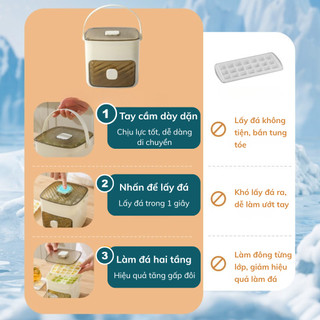 Hộp làm đá 2 tầng có tay cầm, nhấn 1 lần lấy đá dễ dàng tiện lợi
