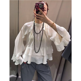Áo Zara made in Morocco dài tay chiffon trắng bèo xinh nữ