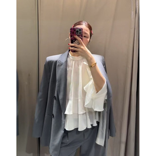 Áo Zara made in Morocco dài tay chiffon trắng bèo xinh nữ