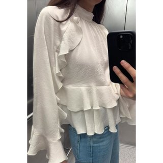 Áo Zara made in Morocco dài tay chiffon trắng bèo xinh nữ