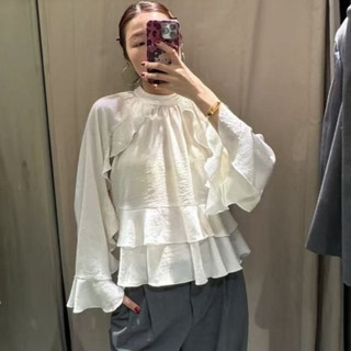 Áo Zara made in Morocco dài tay chiffon trắng bèo xinh nữ