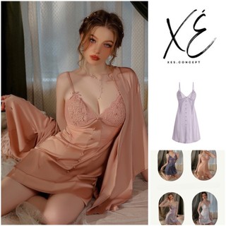 Váy ngủ (V32) - Váy lụa cao cấp phối ren lưới gợi cảm có đệm tai thỏ