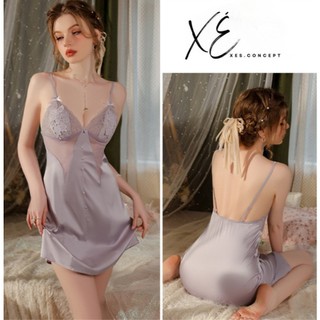 Váy ngủ (V32) - Váy lụa cao cấp phối ren lưới gợi cảm có đệm tai thỏ