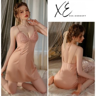 Váy ngủ (V32) - Váy lụa cao cấp phối ren lưới gợi cảm có đệm tai thỏ