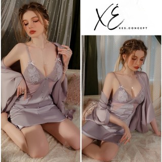 Váy ngủ (V32) - Váy lụa cao cấp phối ren lưới gợi cảm có đệm tai thỏ