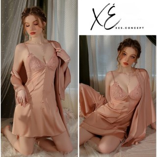 Váy ngủ (V32) - Váy lụa cao cấp phối ren lưới gợi cảm có đệm tai thỏ