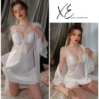 Váy ngủ (V32) - Váy lụa cao cấp phối ren lưới gợi cảm có đệm tai thỏ