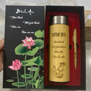 Combo quà tặng bình vỏ tre - bút tre, gỗ khắc tên, hình ảnh logo theo yêu cầu