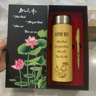 Combo quà tặng bình vỏ tre - bút tre, gỗ khắc tên, hình ảnh logo theo yêu cầu