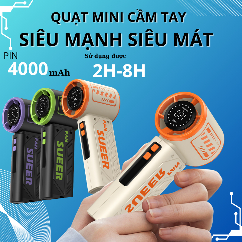 Quạt Cầm Tay Mini S17 4000mAh 150 Cấp Độ Gió Dùng 8H Có Thể Sạc  Màn Hình LED Hiển Thị