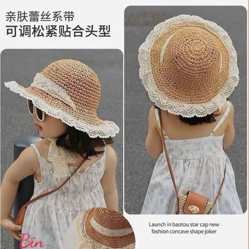 Mũ cói ren cho bé mũ đi biển cho bé gái thắt nơ