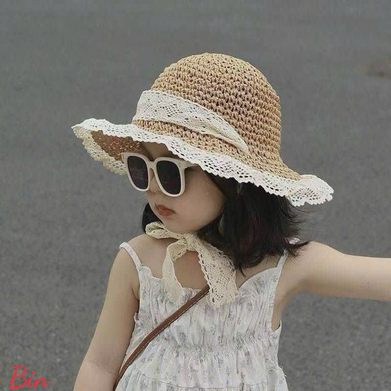 Mũ cói ren cho bé mũ đi biển cho bé gái thắt nơ