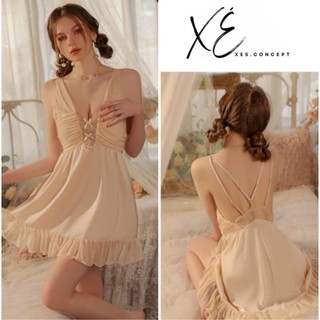 Váy ngủ lụa (V33) - Váy lụa phối ren lưới tiểu thư nhẹ nhàng