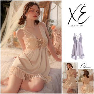 Váy ngủ lụa (V33) - Váy lụa phối ren lưới tiểu thư nhẹ nhàng