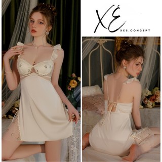 Váy ngủ (V35) - Váy lụa ren phối hoa thêu cao cấp có gọng đệm nâng ngực
