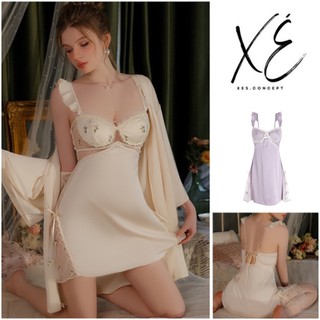 Váy ngủ (V35) - Váy lụa ren phối hoa thêu cao cấp có gọng đệm nâng ngực