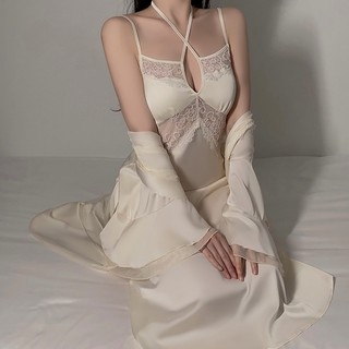 Váy ngủ (V36) - Váy tiểu thư lụa cao cấp phối ren lưới hở eo dáng dài sang trọng